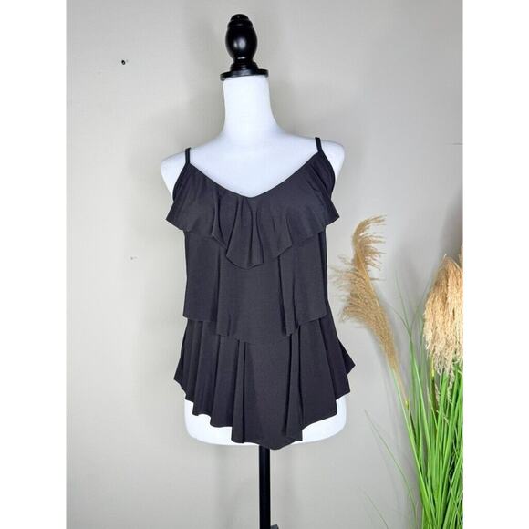 Women's UPF 50 Tiered Tankini Top Aqua Green Black X Strap Layered Medium Swim - Picture 4 of 9